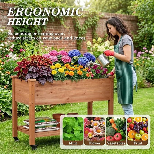 Raised Garden Bed with Lockable Wheels, 48x24x32 inch Elevated Wood Planter with Storage Shelf Protective Liner for Vegetable Flower Herb Outdoor Balcony Patio Backyard, Brown
