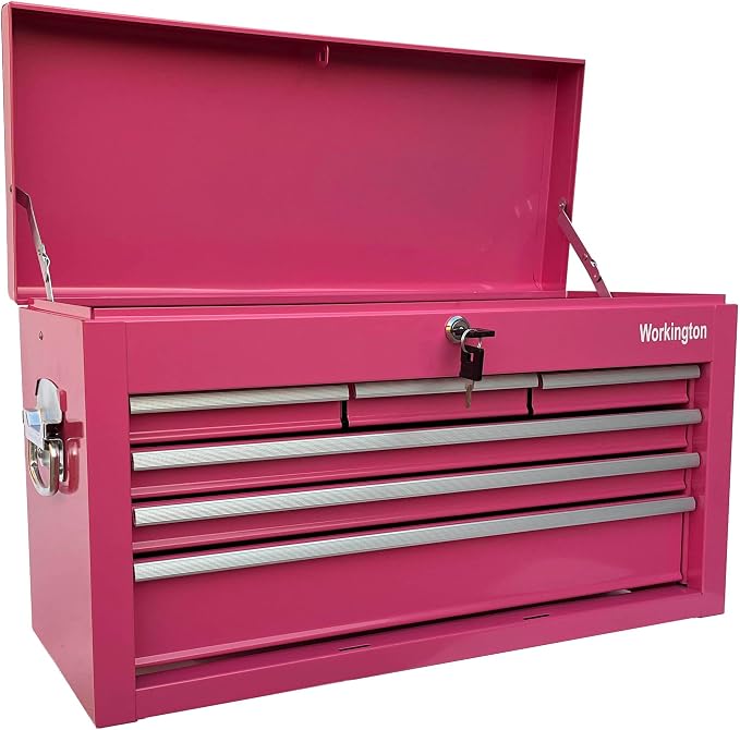 Workington Portable Metal Tool Chest with 6 Drawers, 24" 6-Drawer Tool Chest Cabinet with Ball Bearing Drawer Slides, Steel Tool Storage Box Organizer 4005 Pink