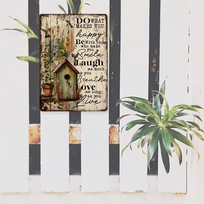 Floral Wall Art, Do What Makes You Happy Sign, Inspirational Metal Sign for Garden Yard Decor, Outdoor Balcony Decor, Gardener Gift, Vintage Metal Tin Signs 11.8 * 7.9inches