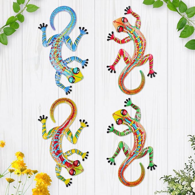Junware 4 Pcs Metal Gecko Wall Art Outdoor Decor Metal Lizards Wall Decor Lizard 6.9 * 11 Inch Suitable for Hanging in Yard Garden Patio Fence Home, Idea Gifts for Mom Father Friends