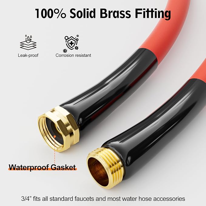 5/8" Hot/Cold Short Leader Garden Water Hose 15ft, -50℉ to 190℉, Flexible & Lightweight, Heavy Duty Rubber Pipe with 3/4" Brass Fittings for All-weather Outdoor, Yard, Farm, Red