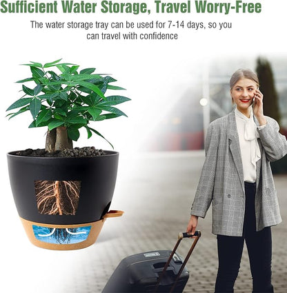 UOUZ 12 inch Large Self Watering Pots, Plastic Planters with 60oZ Removable Deep Reservoir and Multi Mesh Drainage Holes for Indoor Outdoor Garden Plants and Flowers, Black with Brown