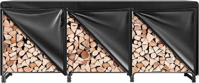 VIVOHOME 10 ft Heavy Duty Firewood Rack Outdoor with Cover, Fire Wood Storage Rack, Log Holder and Cover Combo Set with Zipper, Black