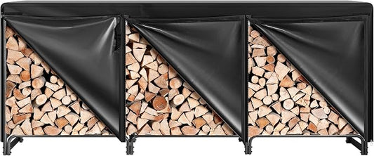 VIVOHOME 10 ft Heavy Duty Firewood Rack Outdoor with Cover, Fire Wood Storage Rack, Log Holder and Cover Combo Set with Zipper, Black