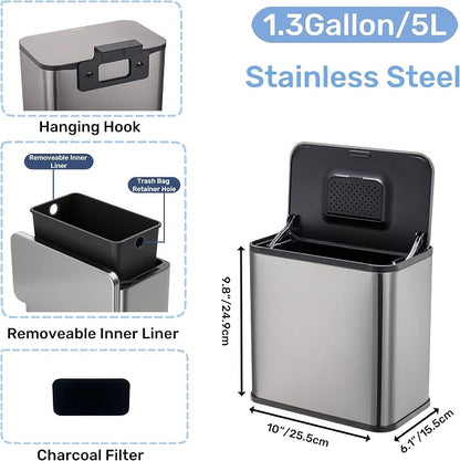GarveeHome 1.3 gal Hanging Trash Can with Lid, Stainless Steel Kitchen Compost Bin with Inner Bucket and Charcoal Filter for Countertop or Under Sink, Wall Mounted Waste Bin for Cupboard/Bathroom
