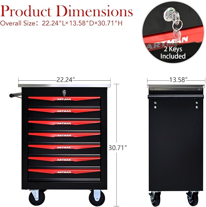 KEIKI 7 Drawers Tool Cart on Wheels,Multifunctional Rolling Tool Chest Tool Storage,Drawers Rolling Tool Trolley Organizer Tool Case for Garage, Warehouse, Workshop, Repair Shop (Black)