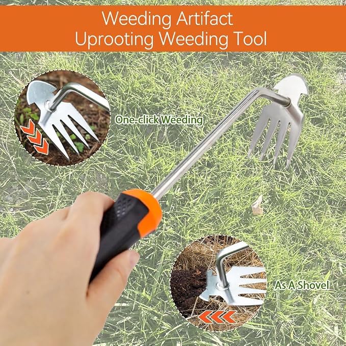Manganese Steel Hand Weeder, Heavy-Duty 4-Tooth Gardening Tool for Tough Weeds & Soil Loosening, Ergonomic Non-Slip Grip for Garden Beds & Vegetable Plots (red)