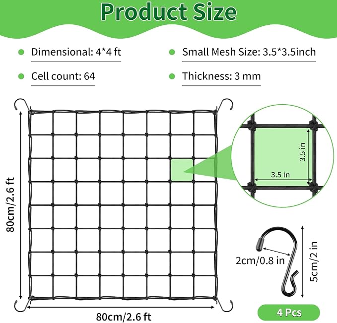 Trellis Netting, Scrog Net with 4 Hooks, 4x4 Trellis Nets for Grow Tent, Heavy-Duty Plant Net for Cucumber Gardening and Horticulture, Grow Tent Accessories(1 Pack)