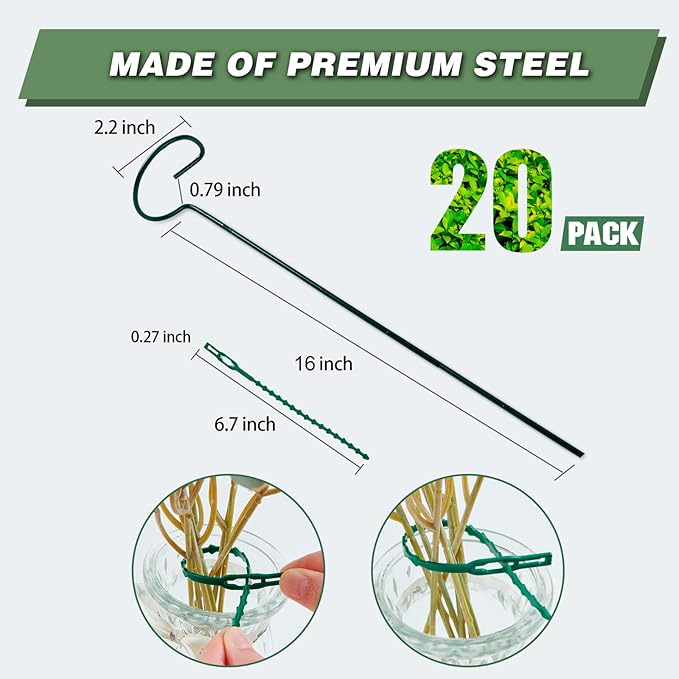 20 Pack 16 Inch Plant Support Stakes for Outdoor Plants and Indoor Flowers | Includes 24 Twist Ties, Sturdy metal, Rust-proof, Supports Hibiscus, Sunflower, Red Hot Poker, Hydrangea, Tomato, and more