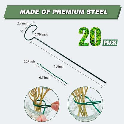 20 Pack 16 Inch Plant Support Stakes for Outdoor Plants and Indoor Flowers | Includes 24 Twist Ties, Sturdy metal, Rust-proof, Supports Hibiscus, Sunflower, Red Hot Poker, Hydrangea, Tomato, and more