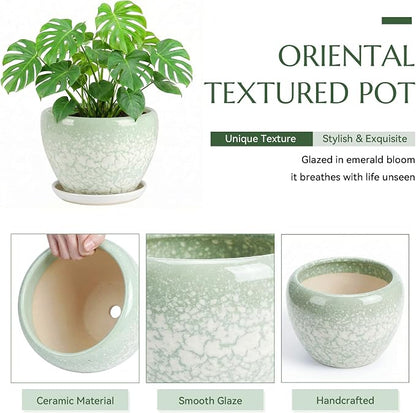 8.3 Inch Ceramic Planter with Saucer Leak-Proof Mesh &Drainage, Round Plant Pot with Gardening Gloves for Indoor Outdoor Plants (Jade Green)