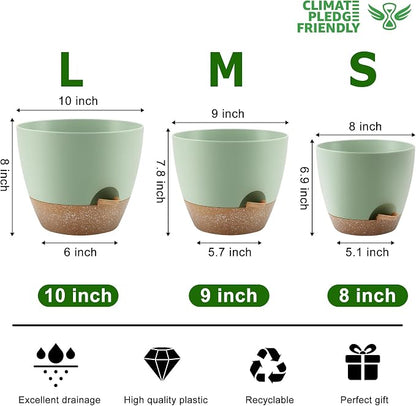 QRRICA Plant Pots 10/9/8 Inch Self Watering Pots, Set of 3 Plastic Planters with Drainage Holes and Saucers,Plastic Flower Pots,Nursery Planting Pot for Indoor Out Door Plants（Green）
