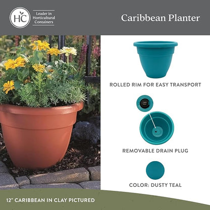 The HC Companies 16 Inch Caribbean Planter Pots with Drainage & Plug, Rolled Rim Plastic Planters for Indoor & Outdoor Plants, 2-Pack Decorative Flower Pots for Garden, Office & Home Decor, Dusty Teal