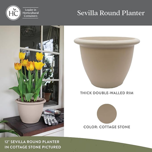 The HC Companies Sevilla Flower Planters - Outdoor & Indoor Planter - Round Self Watering Plant Pots for Herbs & More (14”, Cottage Stone, Pack of 2)