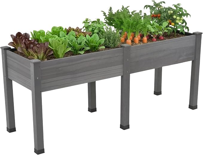 AMERLIFE Raised Garden Bed, 72x24x30 Inches Elevated Wood Planter Box with Legs, Bed Liner, Divider and Drainage System for Backyard, Patio, 300 lb Capacity - Grey