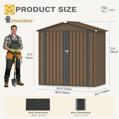 DWVO 6x4ft Metal Outdoor Storage Shed, Waterproof Tool Shed Heavy-Duty Storage Unit with Lockable Door and Vents, Ideal for Bicycles, Tools, Lawnmowers, Backyards, Patios, Lawns - Brown