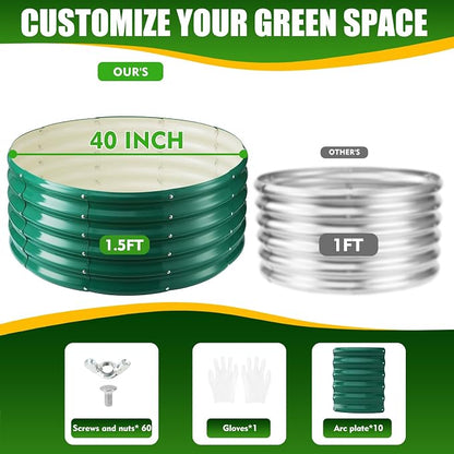 TBMLC 17" Tall Elevated Round Metal Rised Garden Bed- 3.3'x3.3' in Size and 0.8MM Thick Durable Planter Box for Vegetables Flowers Succulent at Patio/Garden Outdoor (Dark Green, 3.3FT Diameter)