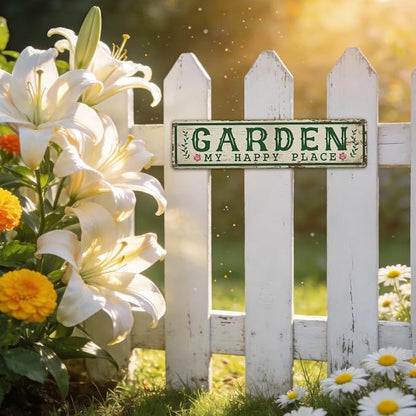 Garden Metal Tin Sign, My Happy Place Sign, Vintage Farmhouse Outdoor Wall Decor, for Porch Patio Fence, Gift for Rustic Garden Shed Decor, 15.7 x 3.9 Inches