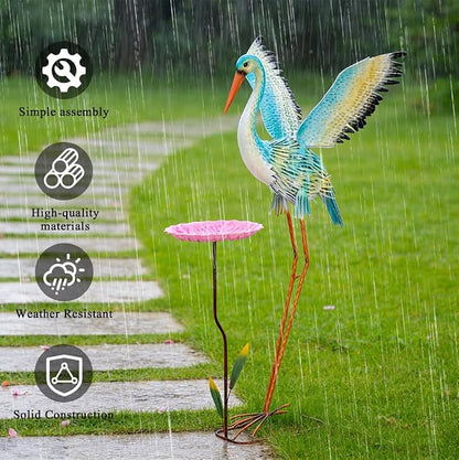 Large Heron Garden Statue for Outside,39" Crane Outdoor Statues with Leaf Tray,Metal Yard Art for Porch Backyard Patio Lawn Decor（Green+Pink）