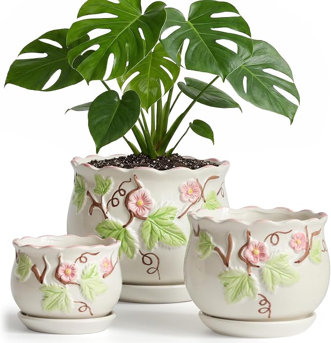 STHIE Ceramic Plant Pots with Drainage Holes and Saucers, Round Flower Pots for Indoor Plant, 4/5.2/6.6 Inches Vintage Flower Planters Set of 3