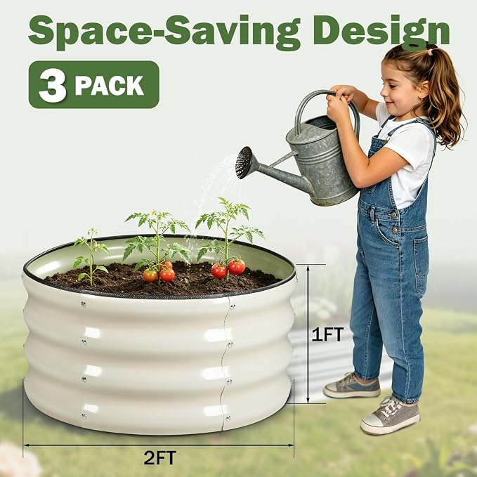 3 PCS Round Raised Garden Bed 2x2x1 ft, Metal Outdoor Planter Box Kit with Safety Rubber Edge, Easy Assemble Bottomless Small Planting Container for Vegetable, Flower, Fruit, White