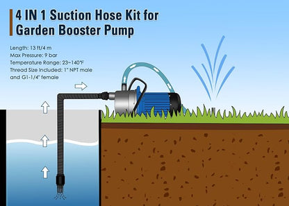 FLUENTPOWER 13FT x 1" Suction Hose Kit with Check Valve, Corrugated Pipe 13ft Long, Water Intake Hose Set, Aspiration Hose for Shallow Well Sprinkler Garden Booster Pump with 1” Female Inlet