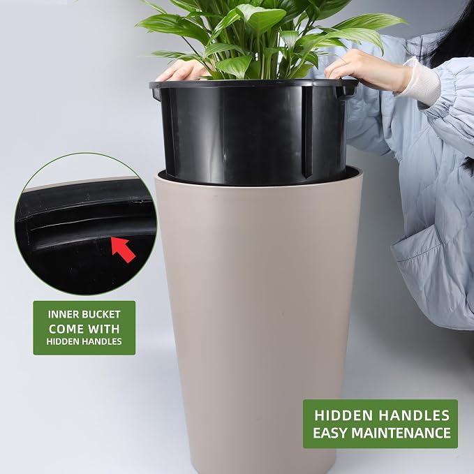 Dexceder 16x12 Self Watering Tall Planter (Taupe Matte) | High Cylinder, Thickened Large Floor Standing Flower Plant Pot with Water Level Indicator Indoor Outdoor
