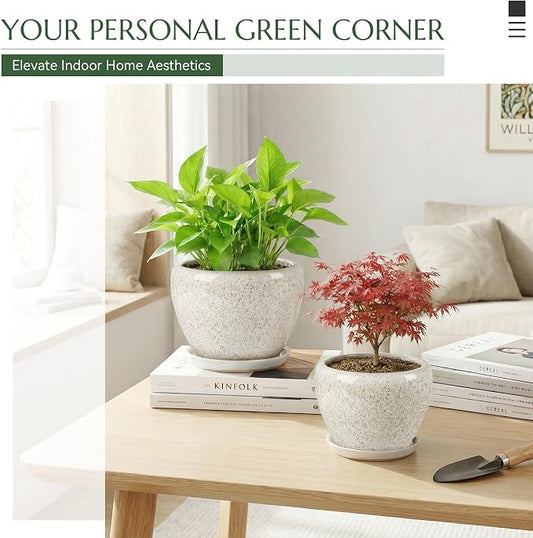 10.2 Inch Ceramic Planter with Saucer Leak-Proof Mesh &Drainage, Round Plant Pot with Gardening Gloves for Indoor Outdoor Plants