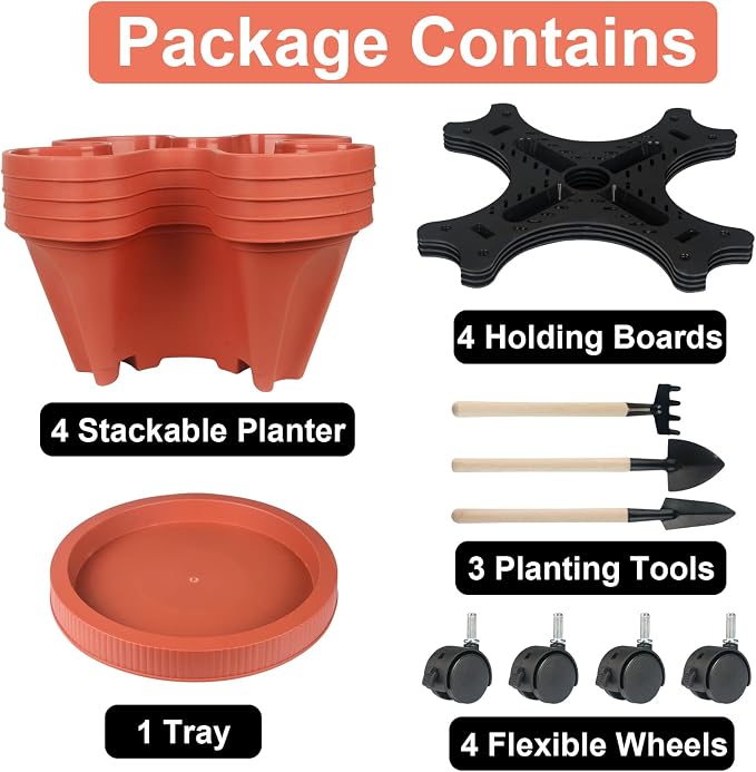 GameXcel Vertical Planter Tower - 4 Tier Stackable Garden Planters with Wheels and Tools Plant Pots for Strawberry Herb Flower and Vegetable Indoor Outdoor Use Red