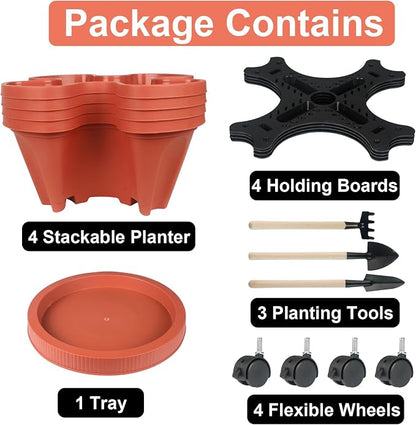 GameXcel Vertical Planter Tower - 4 Tier Stackable Garden Planters with Wheels and Tools Plant Pots for Strawberry Herb Flower and Vegetable Indoor Outdoor Use Red