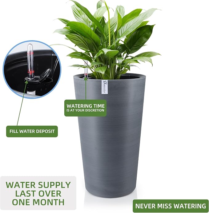 Dexceder 22x13 Self Watering Tall Planter (Gray, Wire Drawing) | High Cylinder, Thickened Large Floor Standing Flower Plant Pot with Water Level Indicator Indoor Outdoor