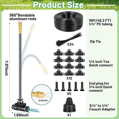 49.2Ft 1/4" Drip Irrigation System 360° Bendable Watering Misting System,Garden Watering Atomizing System with 12 Nozzles, Specially for 1/4 inch Irrigation Tubing(Include 49.2Ft 1/4" Tubing)