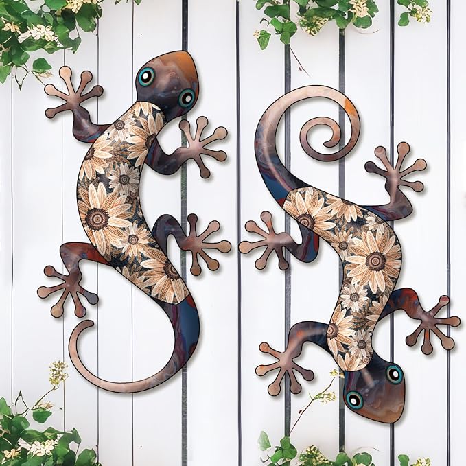 Metal Gecko Wall Art Decor -11.8 inch Black Metal Gecko Wall Hanging Sculpture Decorations for Indoor or Outdoor, Garden Yard Fence Porch Exterior Wall Decor (Set of 2)