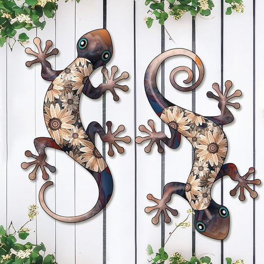 Metal Gecko Wall Art Decor -11.8 inch Black Metal Gecko Wall Hanging Sculpture Decorations for Indoor or Outdoor, Garden Yard Fence Porch Exterior Wall Decor (Set of 2)