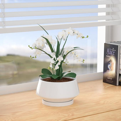 10 Inch White Ceramic Planter with Drainage Hole and Saucer | Ideal for Indoor and Outdoor Plants, Modern Home Decor, Round, Gloss White