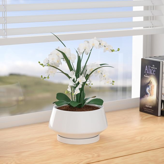 8.3 Inch White Ceramic Planter with Drainage Hole and Saucer | Ideal for Indoor and Outdoor Plants, Modern Home Decor, Round, Gloss White