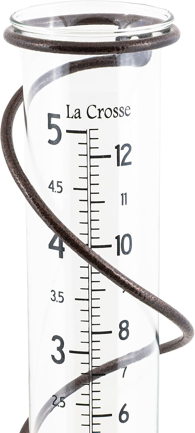 La Crosse 704-08967-INT Original Handcrafted Colombian Metal Finish Spiral Rain Gauge with 5-inch Capacity Glass Rain Garden Tube