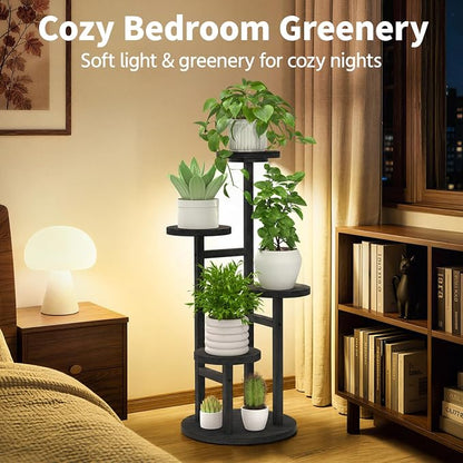 ASZOLA 4 Tiered Wood Plant Stand Indoor Corner with Grow Lights, Flower Holder Rack Tall for Multiple Plants, Rustic Planter Shelf Display for Patio Garden Balcony Living Room, Black