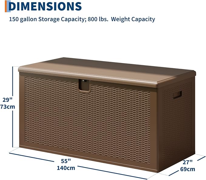 IDEALHOUSE 150 Gallon Resin Deck Box, Waterproof Outdoor Storage Box with Lockable Lid & UV Resistant, Patio Furniture Cushion Storage Container for Garden, Backyard, Poolside (Brown)