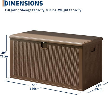 IDEALHOUSE 150 Gallon Resin Deck Box, Waterproof Outdoor Storage Box with Lockable Lid & UV Resistant, Patio Furniture Cushion Storage Container for Garden, Backyard, Poolside (Brown)