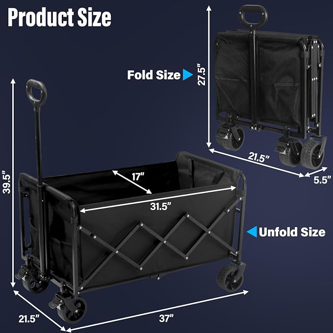 Wagon Cart Foldable with Brakes, 500LBS Heavy Duty Folding Utility Cart with All-Terrain Wheels for Beach, Camping, Sports & Shopping – Black
