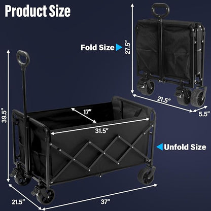 Wagon Cart Foldable with Brakes, 500LBS Heavy Duty Folding Utility Cart with All-Terrain Wheels for Beach, Camping, Sports & Shopping – Black