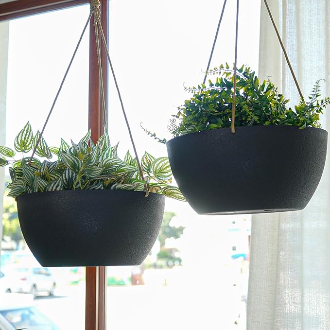 SwinDuck 12 Inch 2 Pack Large Hanging Planters for Indoor Outdoor Plants, Plastic Hanging Basket Pots for House Plants Flowers, Black