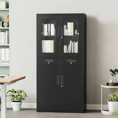 71" Black Metal Storage Cabinet with Glass Doors, Garage Storage with 2 Drawers + 2 Adjustable Shelves, Heavy Duty Tool Cabinet with Locking Doors for School, Workshop, Office, Black