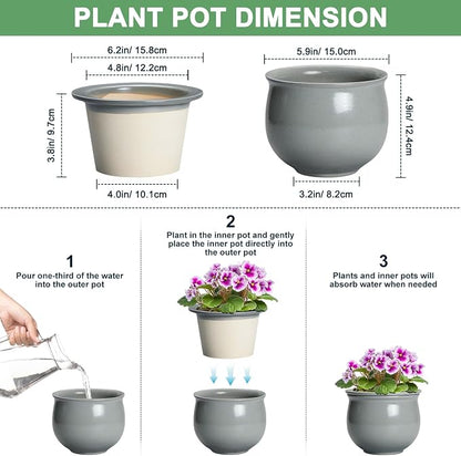 6 Inch Ceramic African Violet Pot, Easy Self Watering Pots with Absorbent Inner Pot, Round Self Watering Planter, Ceramic Pots for Plants Indoor, Apartment Decor, Housewarming Gifts, Grey