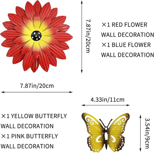 Outdoor Metal Flowers Butterfly Wall Art Decor, Fence Wall Art Decoration, Suitable for Hanging Decoration on Outdoor Fences, Gardens, Courtyards, and Terraces (4, Colorful)
