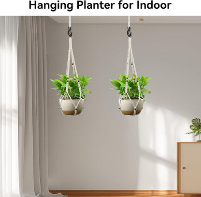 USLAI Macrame Plant Hanger Indoor Outdoor, Fits 4 to 15 Inch Pots, Strong Hanging Planter Holder, Boho Home Decor, 35+35 Inch, Ivory+Red Bead, Set of 2 (POTS NOT Included)