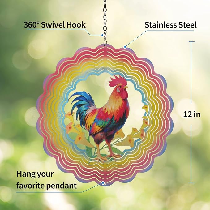 Eandisom Wind Spinners Outdoor Chicken - Birthday Gifts for Women Mom Grandma, Rooster Deocr Hanging Wind Spinner 12 inch 3D Wind Sculptures for Garden Decor for Outside, Patio, Yard, Outdoor