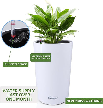 Dexceder 16x12 Self Watering Tall Planter (White Matte) | High Cylinder, Thickened Large Floor Standing Flower Plant Pot with Water Level Indicator Indoor Outdoor