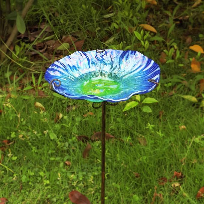 MUMTOP 26 Inch Height Glass Birdbath Birdfeeder with Metal Stake Garden Outdoor Blue